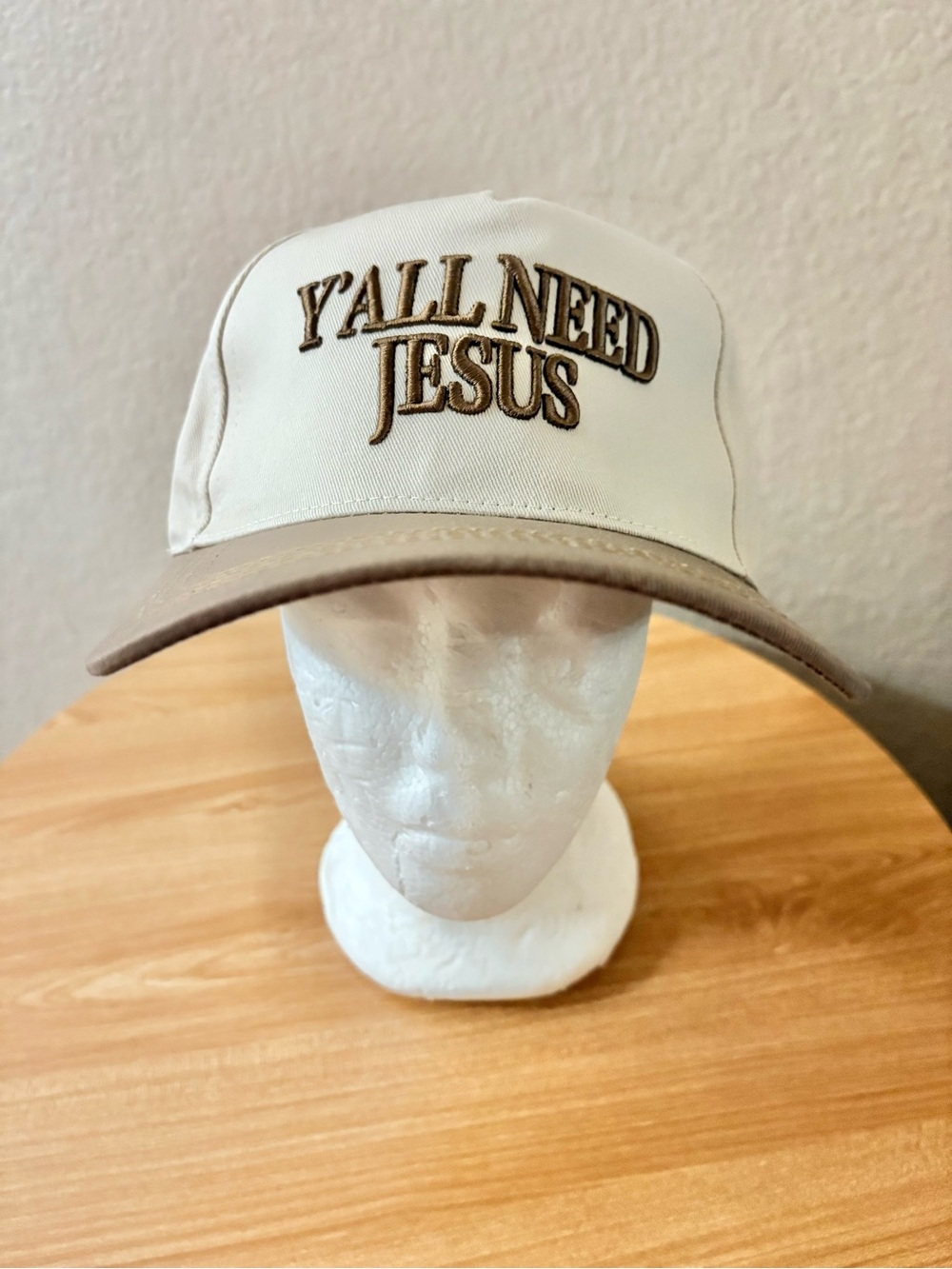Y'all Need Jesus Embroidered Baseball Cap Two Tone Cream/Brown One Size NWT